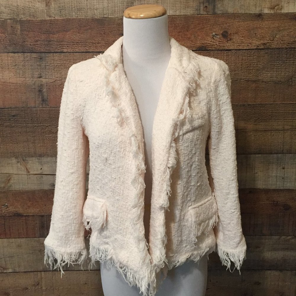 Milly 3/4 Sleeve Pink Spring Raw Edge Fringe Tweed Jacket Size 2